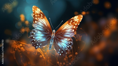 a close up of a butterfly on a flower with blurry lights in the background and a blurry image of a butterfly in the foreground. © Anna