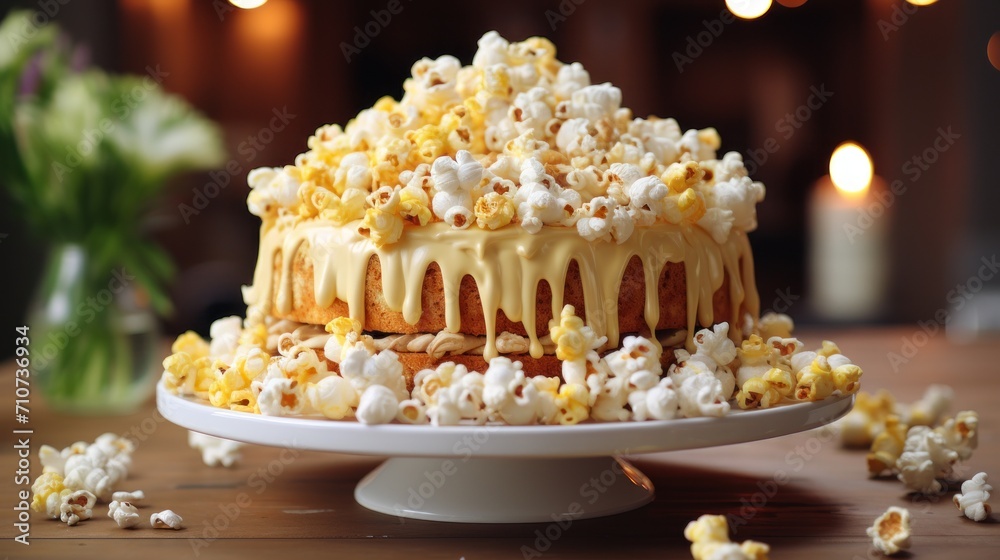  a cake sitting on top of a white cake plate covered in caramel drizzle and marshmallows.
