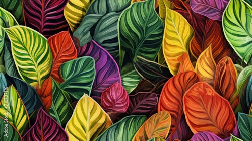  a painting of a bunch of leaves with many colors of green  yellow  red  orange  and purple.