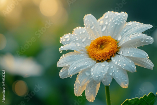 daisy flower with dew drops in morning light. Generative AI