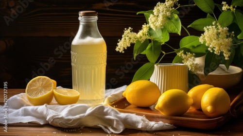  a wooden tray topped with lemons next to a bottle of lemonade and a vase filled with lemons.