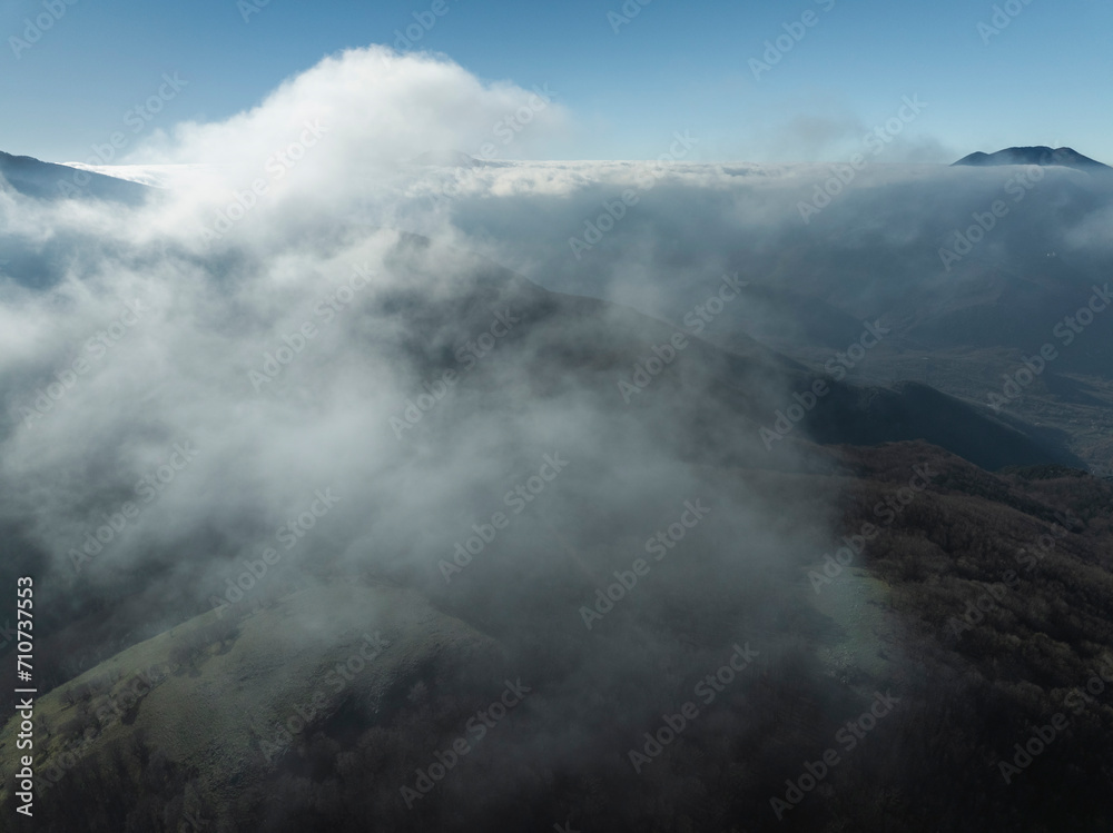 Aerial view of Picentini mountain range near Laceno Lake (Lago Laceno) in Bagnoli Irpino, Avellino, Irpinia, Campania, Italy. Aerial view of Picentini mountain range near Laceno Lake (Lago Laceno) in Bagnoli Irpino, Avellino, Irpinia, Campania, Italy.