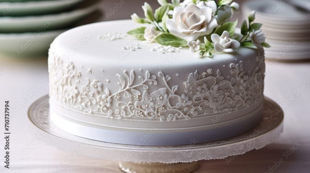 a close up of a cake on a plate on a table with plates in the background and a flower on the top of the cake. a close up of a cake on a plate on a table with plates in the background and a flower on the top of the cake.