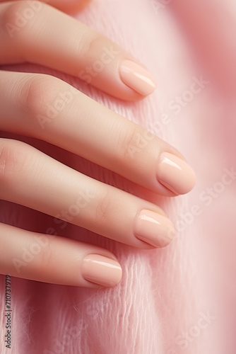 Delicate female hand with elegant nude nail polish manicure against faux fur background texture
