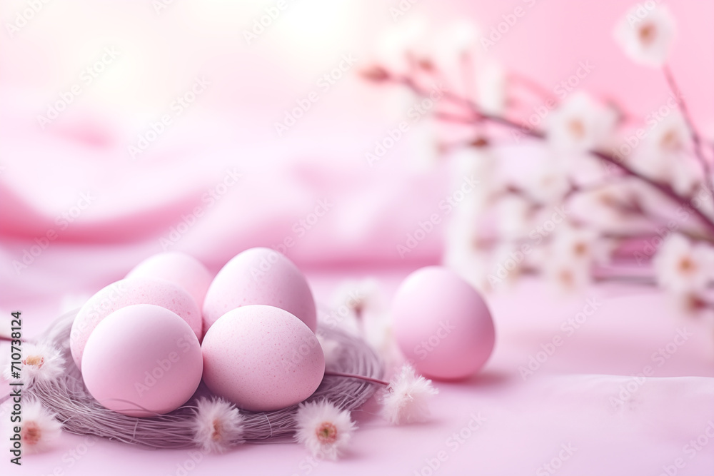 Pink Easter eggs in nest with soft spring blossom flowers, soft focus. Easter Card
