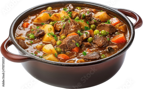 Delicious Tasty Beef meat and vegetables stew in pot, potatoes, carrots, PNG, Transparent, isolate. photo