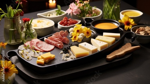  an assortment of cheeses, meats, and vegetables on a platter with a candle in the background.