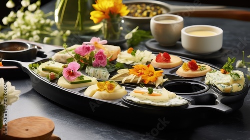  a tray of food on a table next to a vase of flowers and a cup of coffee on a saucer.