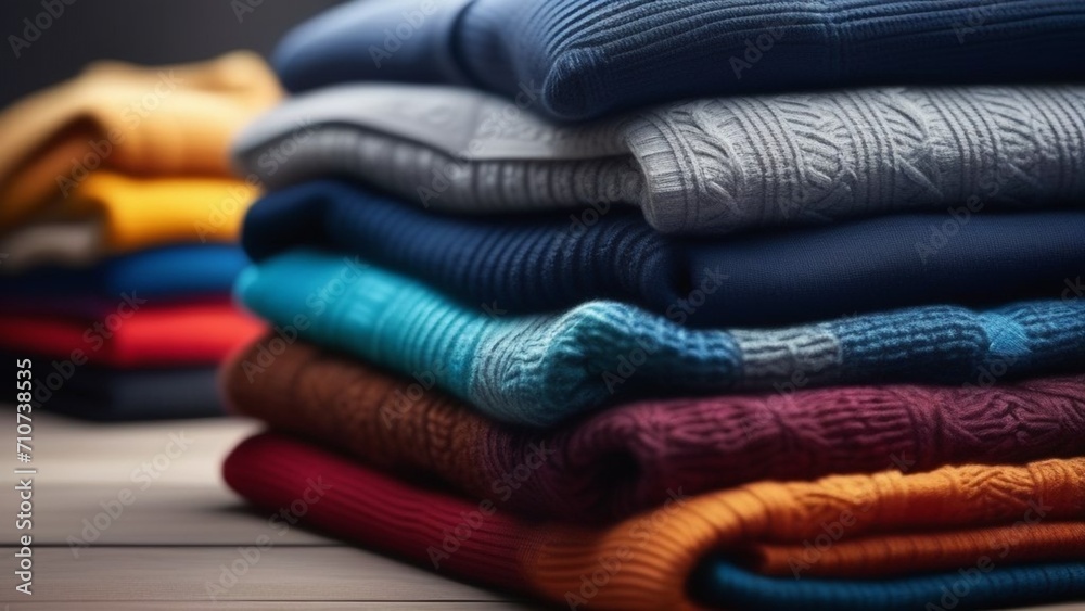 piles of clothes in the store there are ivory yellow and also blue piles of clothes in the store there are ivory yellow and also blue
