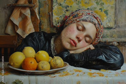 women with basket of fruits illustration, art concept. Generative ai