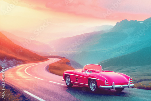 Pixel Art Illustration of a Classic Vintage car with landscape on Mountain Road at sunset, Retro Color, Video Game Pixelart, trip, vacation, travel, journey © SObeR 9426