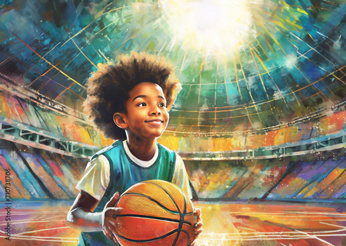 Hoop Dreams. African American boy with big dreams and ambition to one day become a professional basketball star. Concept art of an inner city boy Preparing for greatness as he practices and dreams big