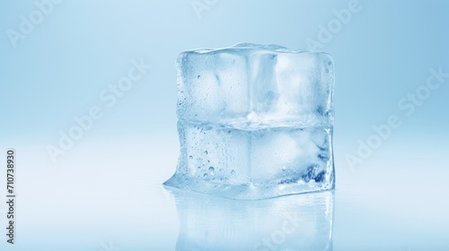  a close up of an ice cube on a reflective surface with water droplets on the ice and a light blue background.