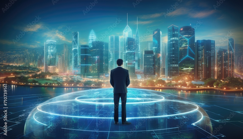 Obraz premium Human interaction of advanced technology based on AI hologram with greenery city concept, eco-friendly city with hologram network light bulb screen icons for energy source renewable.