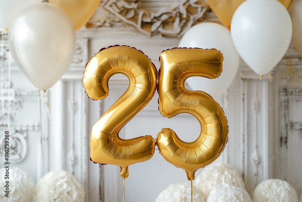 25. Hochzeitstag, 25. Hochzeitsjubiläum, Silberhochzeit, "25" aus goldenen Heliumballons vor festlichem Hintergrund - obrazy, fototapety, plakaty 
