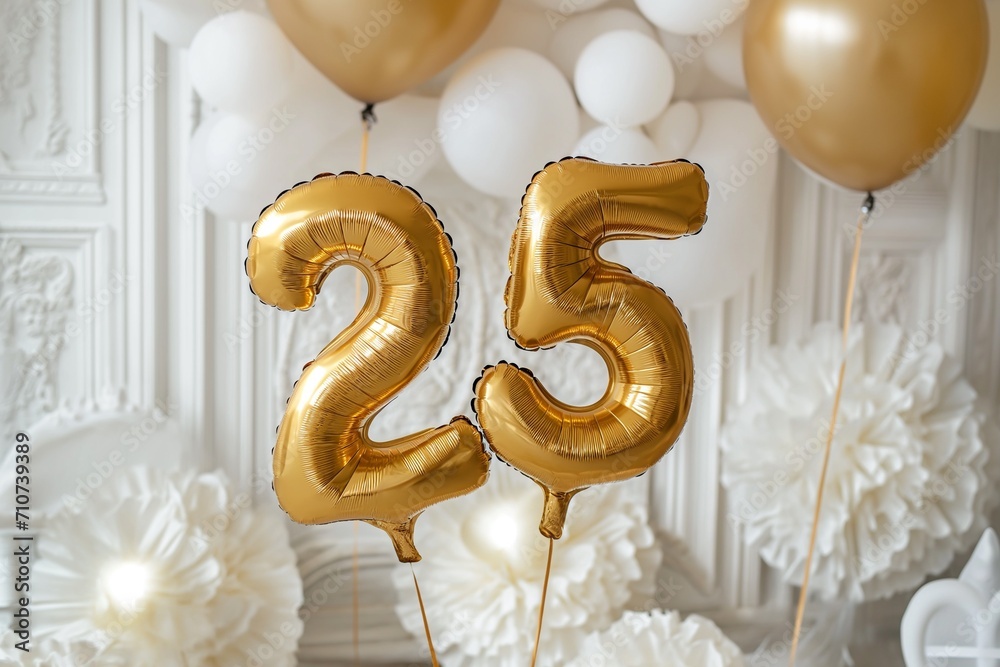 25. Hochzeitstag, 25. Hochzeitsjubiläum, Silberhochzeit, "25" aus goldenen Heliumballons vor festlichem Hintergrund - obrazy, fototapety, plakaty 