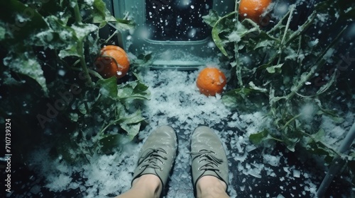  a person standing in front of a window with snow on the ground and oranges on the window sill.
