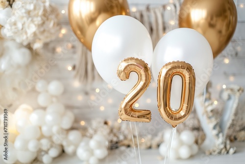 20. Hochzeitstag, 20. Hochzeitsjubiläum, Porzellanhochzeit, "20" aus goldenen Heliumballons vor festlichem Hintergrund