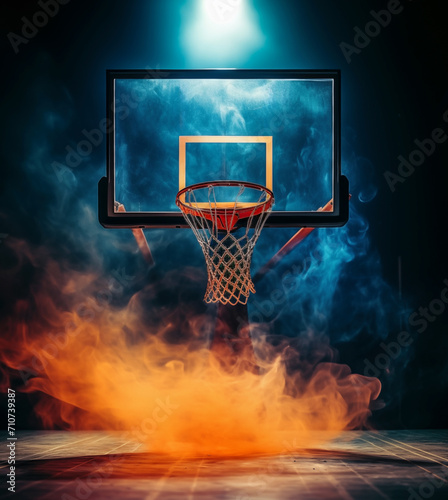 Creative photograph of basketball backboard in dark with orange smoke effect. photo