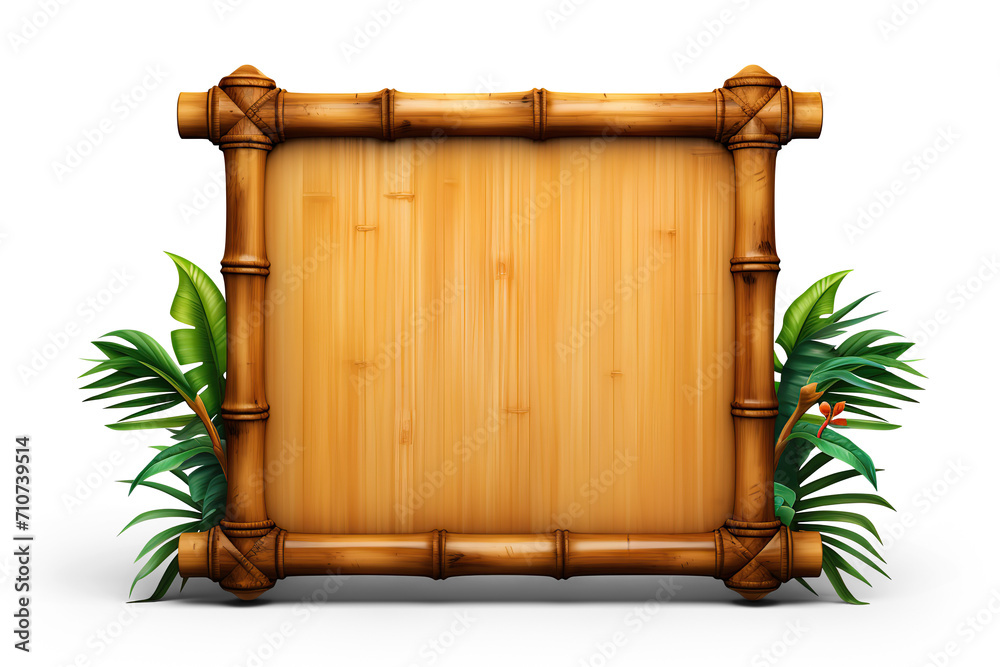 Bamboo frame with tropical leaves. Cut out on transparent - obrazy, fototapety, plakaty 