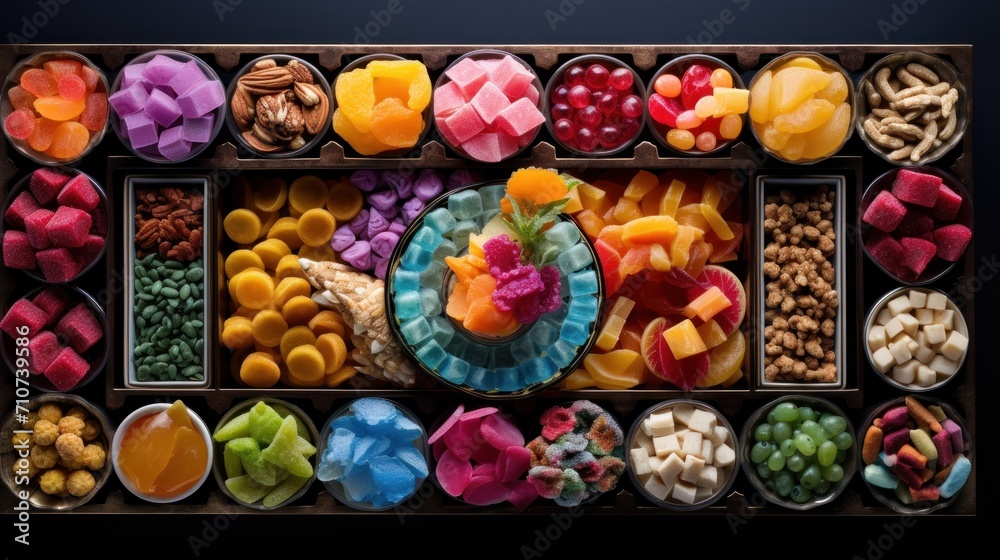  a tray filled with lots of different types of fruits and veggies next to a bowl of nuts and a plate of fruit.