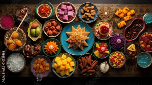  a table topped with bowls filled with different types of desserts and candies on top of a wooden table.