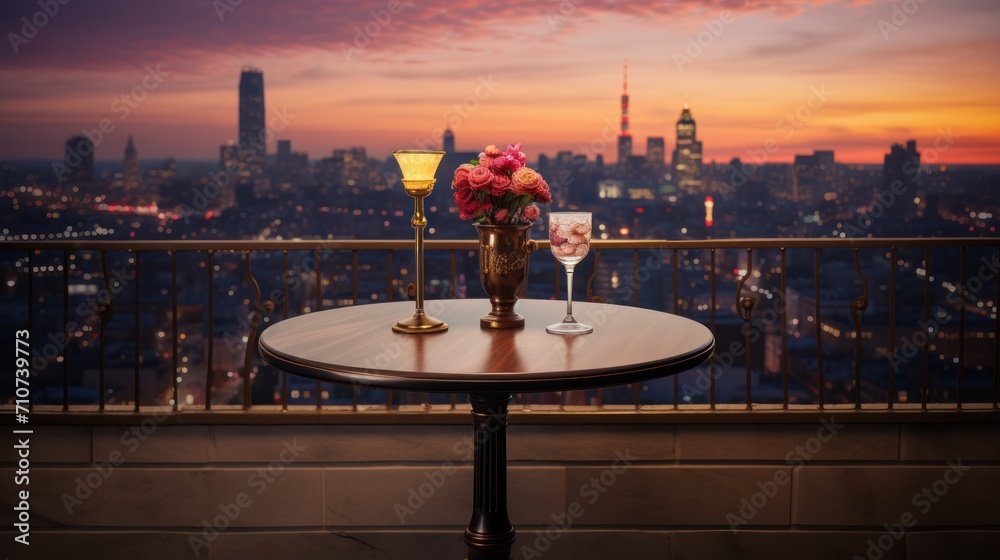 a table with two wine glasses and a vase of flowers on top of it with a city skyline in the background. a table with two wine glasses and a vase of flowers on top of it with a city skyline in the background.