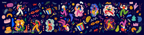 Carnival party. Carnival collection of colorful cards. Design for Brazil Carnival. Decorative abstract illustration with colorful doodles. Music festival illustration	
