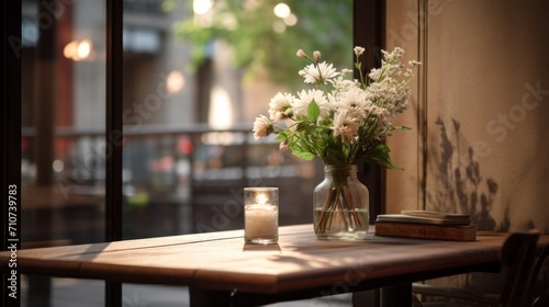 a vase filled with white flowers sitting on top of a wooden table next to a candle and a book on top of a wooden table.