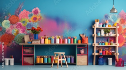 a room filled with lots of crafting supplies and a painting on the wall behind a desk with a stool in front of it. photo