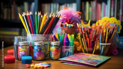  a wooden table topped with lots of different colored pencils and a jar filled with markers and crayons.
