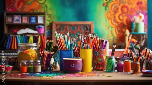  a wooden table topped with lots of different colored pencils and paint cans next to a shelf filled with other colored pencils.