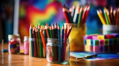  a jar full of colored pencils sitting on a table next to a jar of markers and a paintbrush.