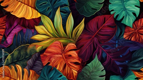  a painting of colorful tropical leaves on a black background with a green  yellow  red  and orange color scheme.