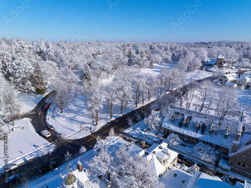 Weston Town Hall aerial view at Lanson Park in winter in historic town center of Weston, Massachusetts MA, USA. 