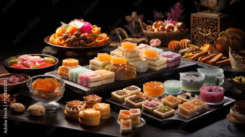  a table topped with lots of different types of desserts and dessert plates filled with different types of desserts.