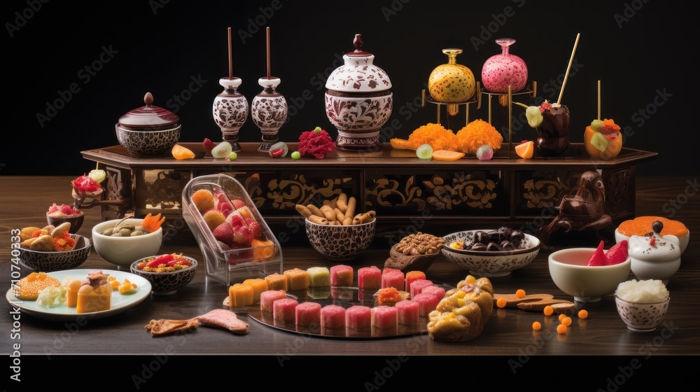  a table topped with lots of assorted desserts next to bowls of fruit and a tray of candies.