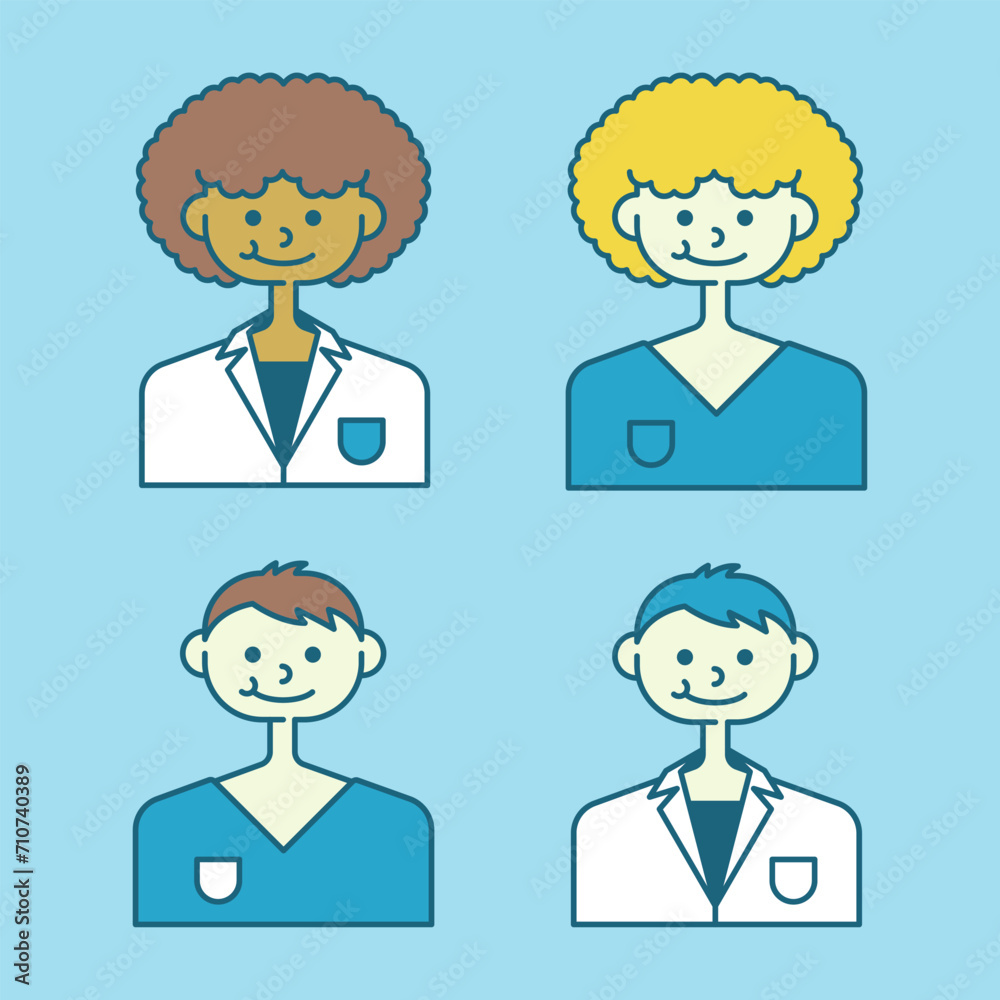 Image of 4 characters of medical works on a blue background. Vector illustration on a medical theme. Image of 4 characters of medical works on a blue background. Vector illustration on a medical theme.
