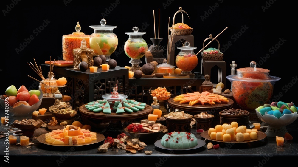  a table topped with lots of different types of desserts and candies on top of a black table cloth.