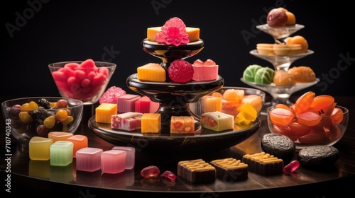  a table topped with lots of different types of candies and candies on top of a cake platter.