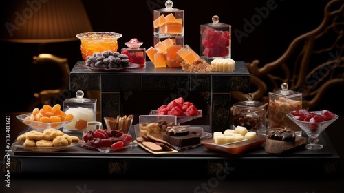  a black table topped with lots of different types of desserts and pastries on top of a wooden table.