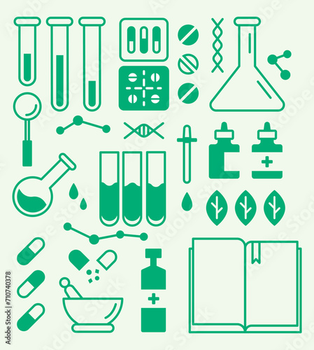 Vector poster with the image of elements of pharmaceutical accessories. Illustration of pills, flasks, test tubes, pharmaceutical mortar, pharmaceutical handbook, etc.