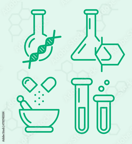Set of 5 vector outline icons in green color. Vector image of the elements of the attributes of a chemist. Illustration of chemical flasks, pharmaceutical mortar.