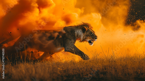 Lion running out of a burning forest
