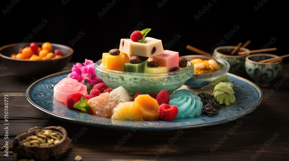 a blue plate topped with a bowl of fruit and a bowl of nuts and a bowl of raisins. a blue plate topped with a bowl of fruit and a bowl of nuts and a bowl of raisins.