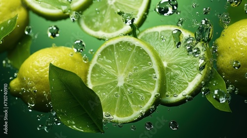  a group of lemons and limes with water splashing around them on a green background with leaves and water droplets.