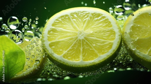  a close up of a sliced lemon with water droplets on the top and a green leaf on the bottom of it.