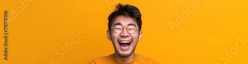 Asian Male Excited Yellow Backdrop Beautiful Person Generative AI