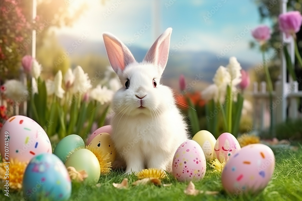 Fototapeta premium A fabulous white fluffy rabbit sits on the grass near Easter eggs against a background of flowers and sun rays. Easter celebration concept
