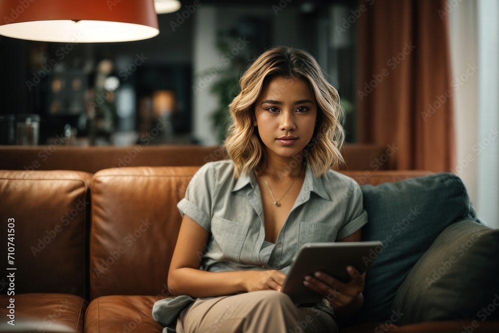 woman sitting on sofa at home, Portrait of a business woman, beautiful confident woman indoors background woman sitting on sofa at home, Portrait of a business woman, beautiful confident woman indoors background